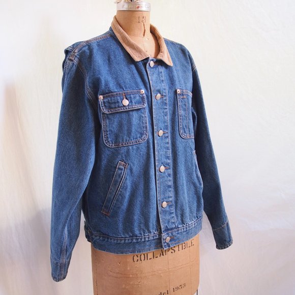 vtg 90s RALPH LAUREN Polo Jeans Co Blue Denim Jacket Corduroy Collar Mens L EUC - Picture 2 of 11